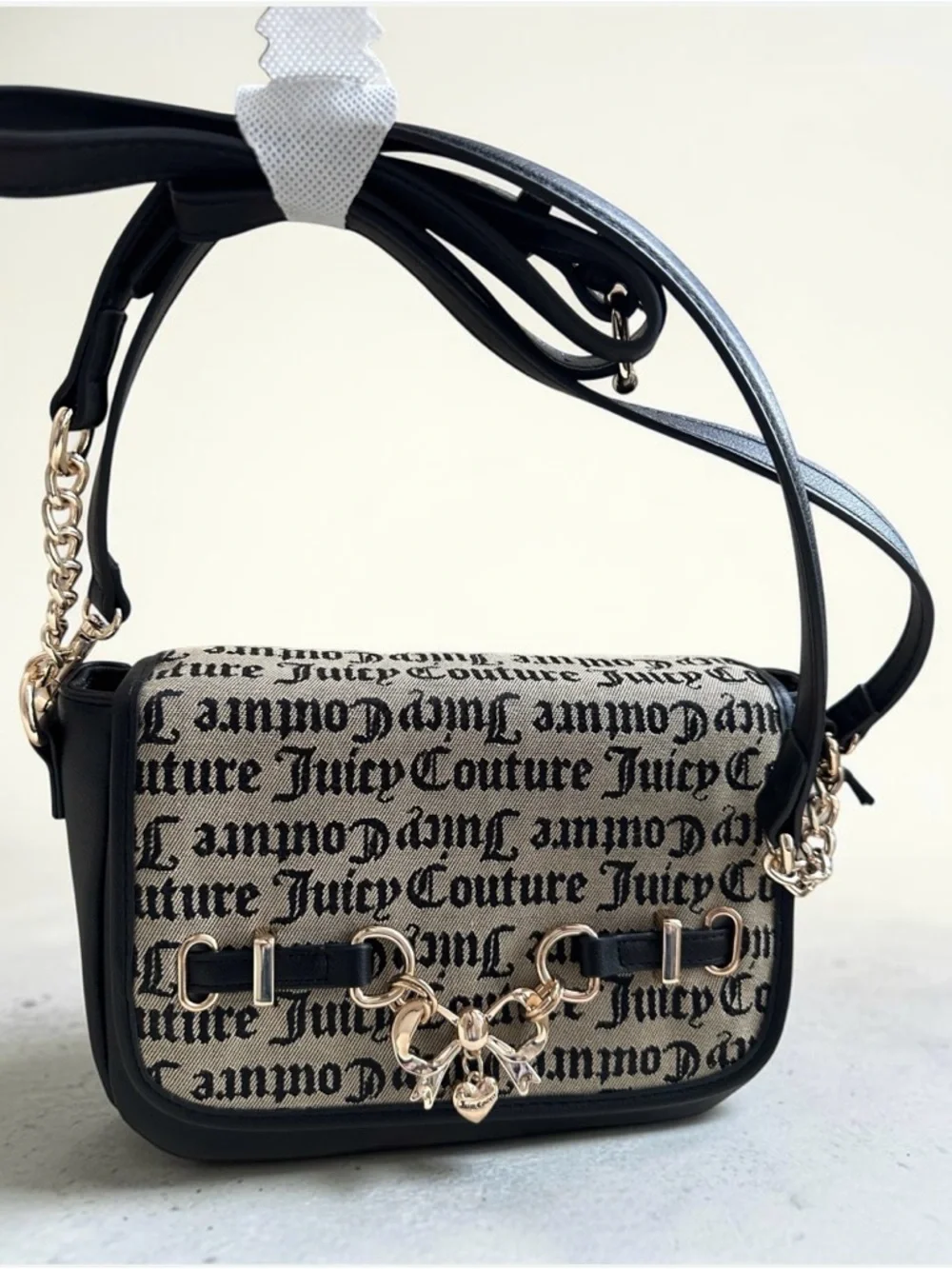 Juicy Couture Crossbody Saddle Bag with Script Print - Black/Beige NWT